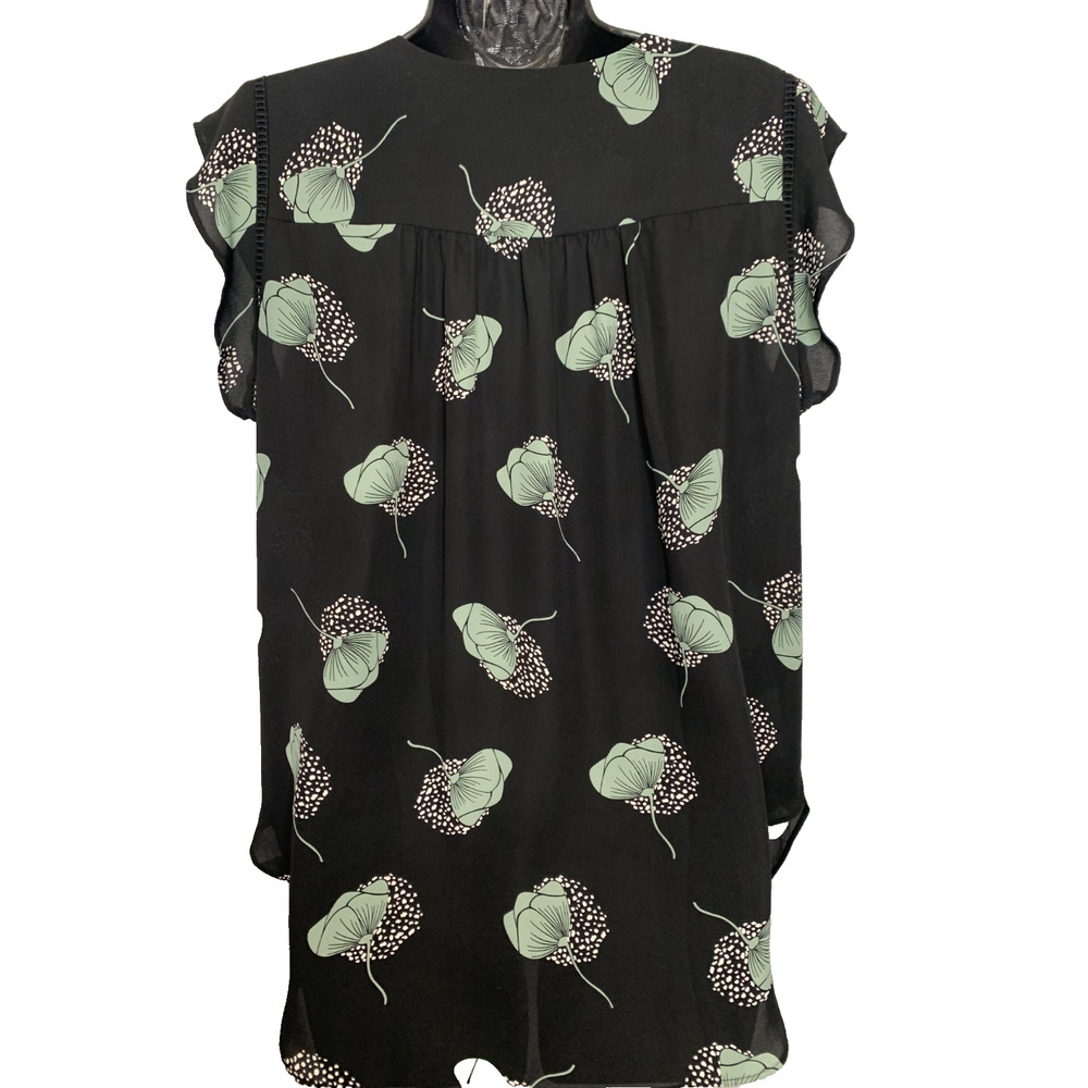 Loft Outlet Women's Large Black V-Neck Olive Green Floral Short Sleeve Blouse - Picture 5 of 7